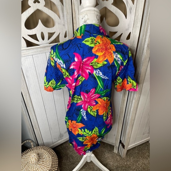 Vintage 90s Paris Sport Club Bright Floral Top Button Shirt Size Medium Tropical - Picture 2 of 4